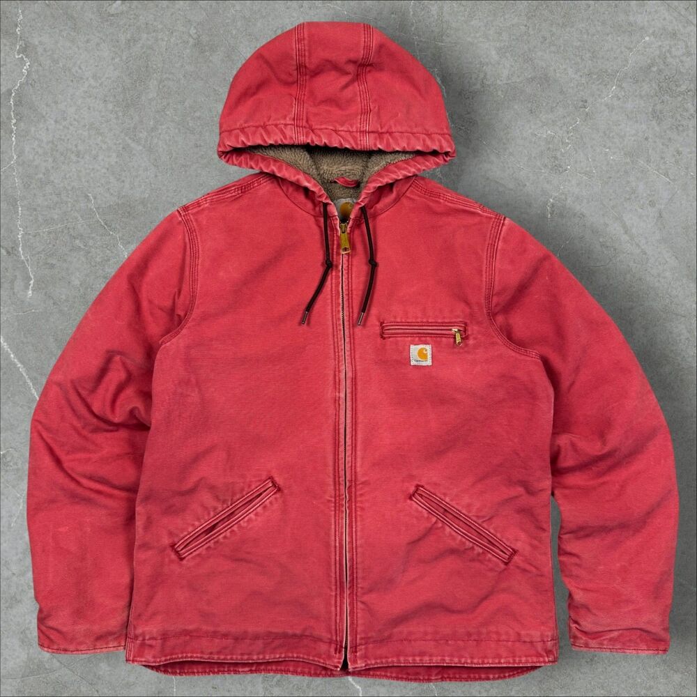 VTG Carhartt WJ141 624 Crab Apple Pink Sierra Sherpa Hooded Detroit Jacket - Med